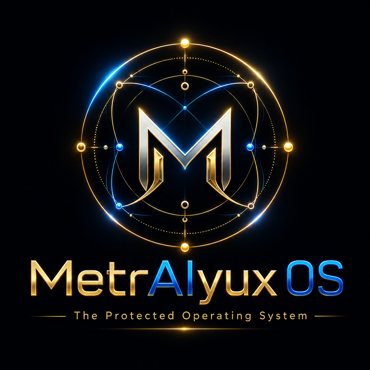 MetrAIyux 0S gold and blue platform logo